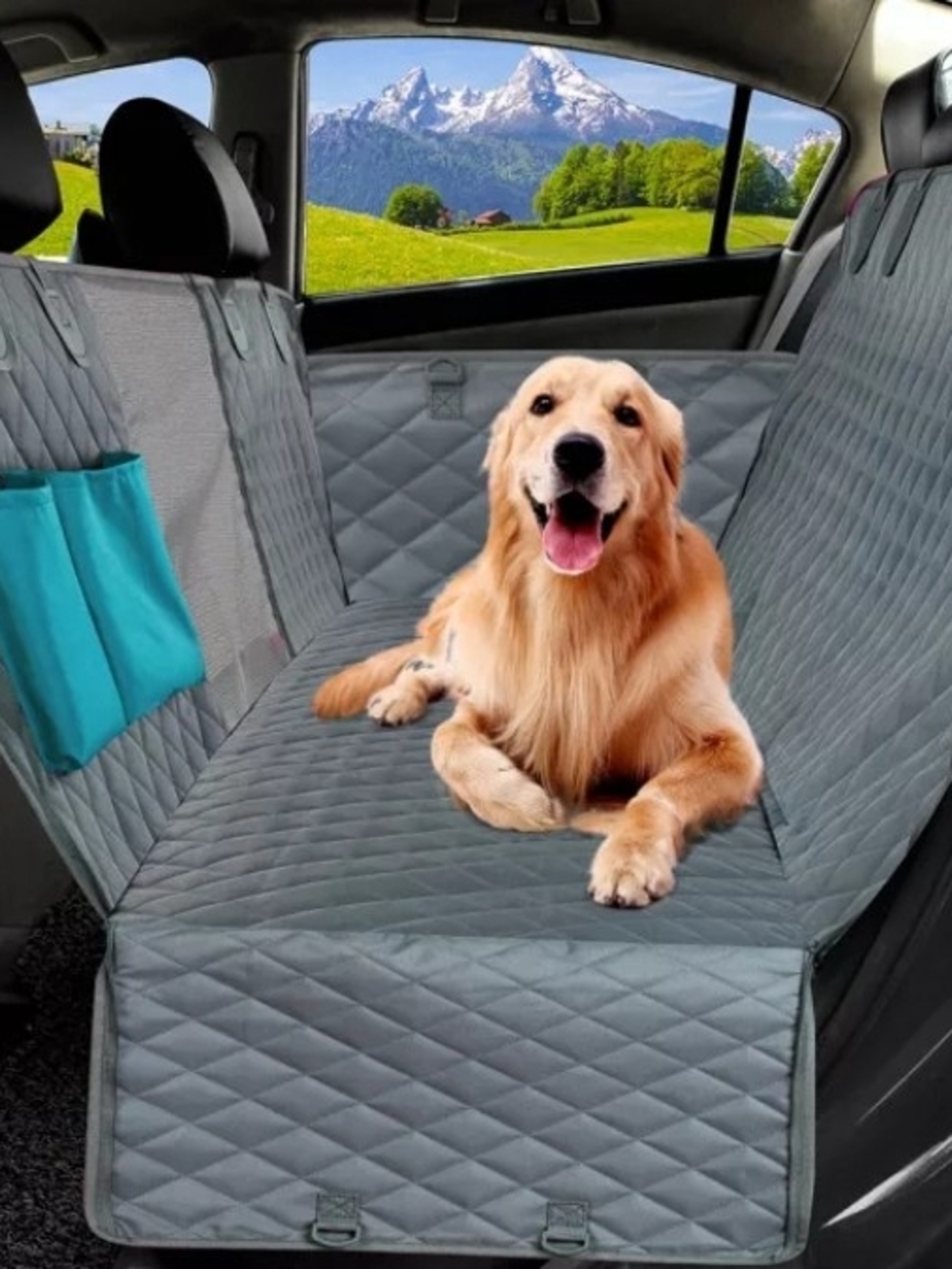 Hammock Gray Waterproof Quilted Dog Car Seat Cover with Side Pockets.